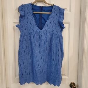 Blue Eyelet Sleeveless Sun Dress With Built In Shorts And Pockets